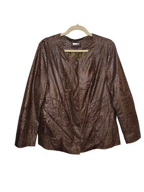 Dana Buchman Woman 0X Faux Leather Snake Print Jacket Brown Open Front